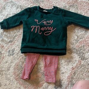 Green "Very Merry" Holiday Baby Sweater with Red Stripe Leggings